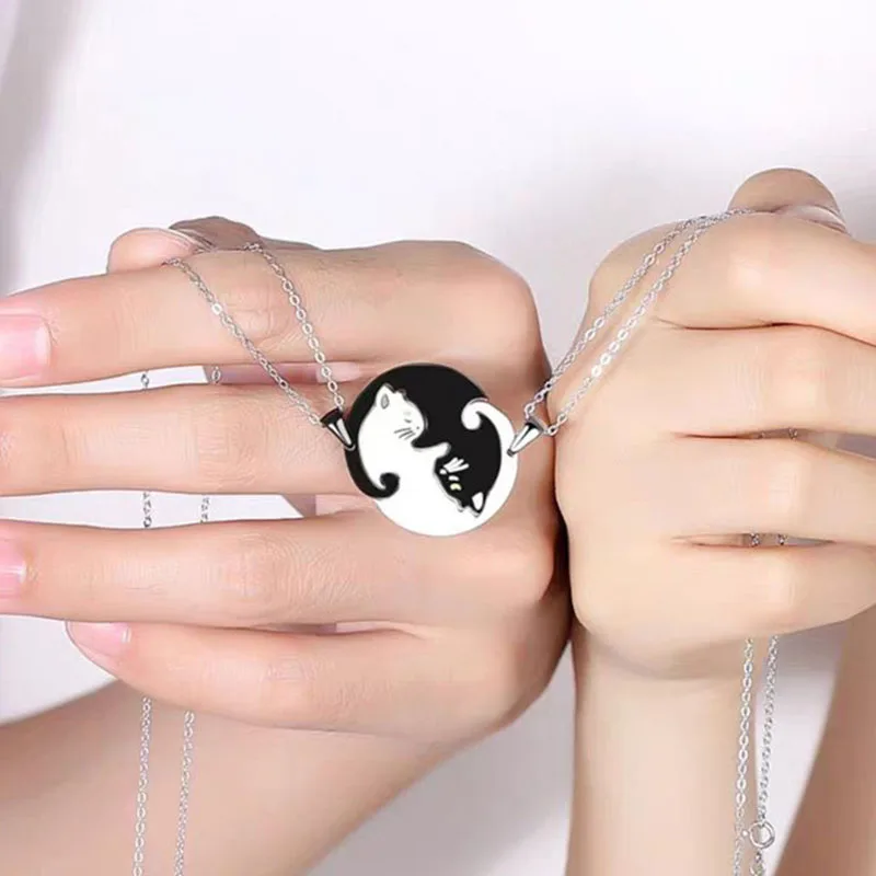 

Yin Yang Cat Couple Necklaces Stainless Steel Animal Pendant Necklace Heart Couples Friendship Jewelry for Lovers Best Friends