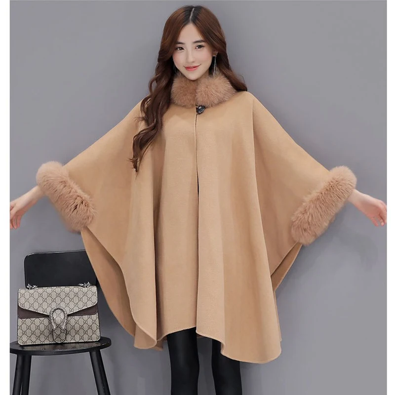 New fox fur collar women jackets and coats long woolen coats cape cloak jacket female fox fur overcoats thick winter Coat ladies