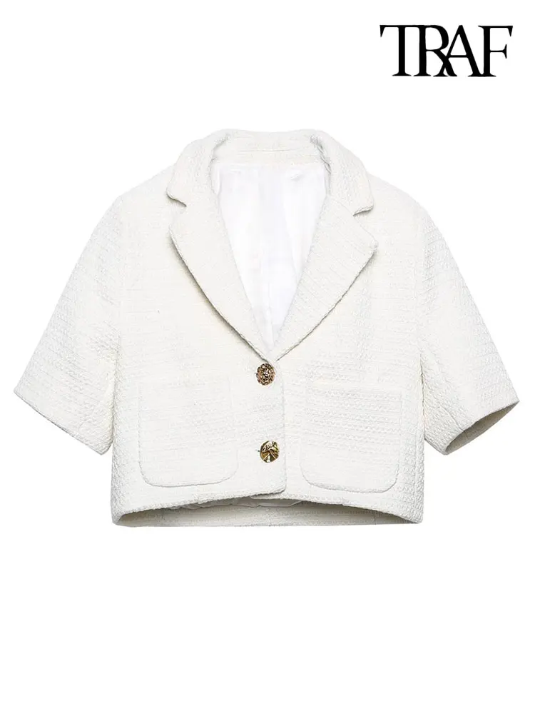 TRAF Women Fashion Metal Button Tweed Cropped White Blazer Coat Vintage Short Sleeve Pockets Female Outerwear Chic Tops