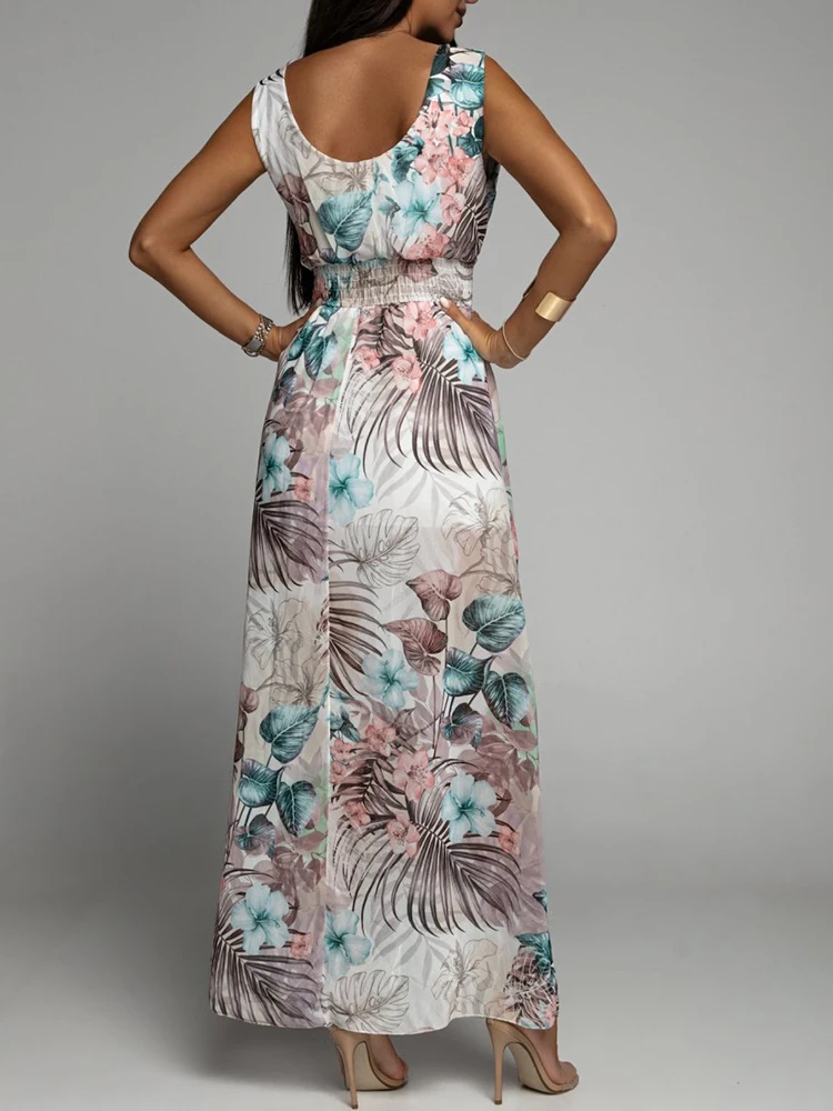 Женское платье-макси с V-образным вырезом открытой спиной и цветочным принтом |