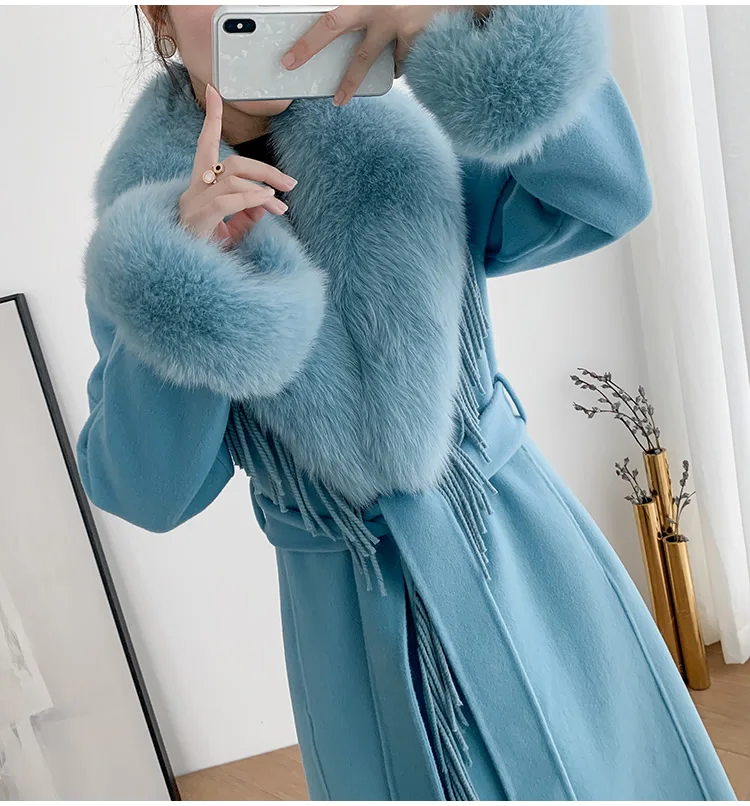 New Winter Women Cashmere Wool Jacket Real Fur Coat X-long Tassel Female Clothing Office Lady Overcoat Big Fox Fur Collar Belt