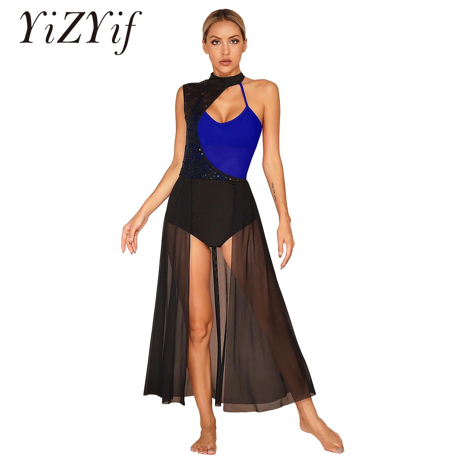 

Sequined Mesh Maxi Dress for Women Adult Ballet Dance Leotard Dress Lyrical Contemporary Dancing Stage Performance Costumes