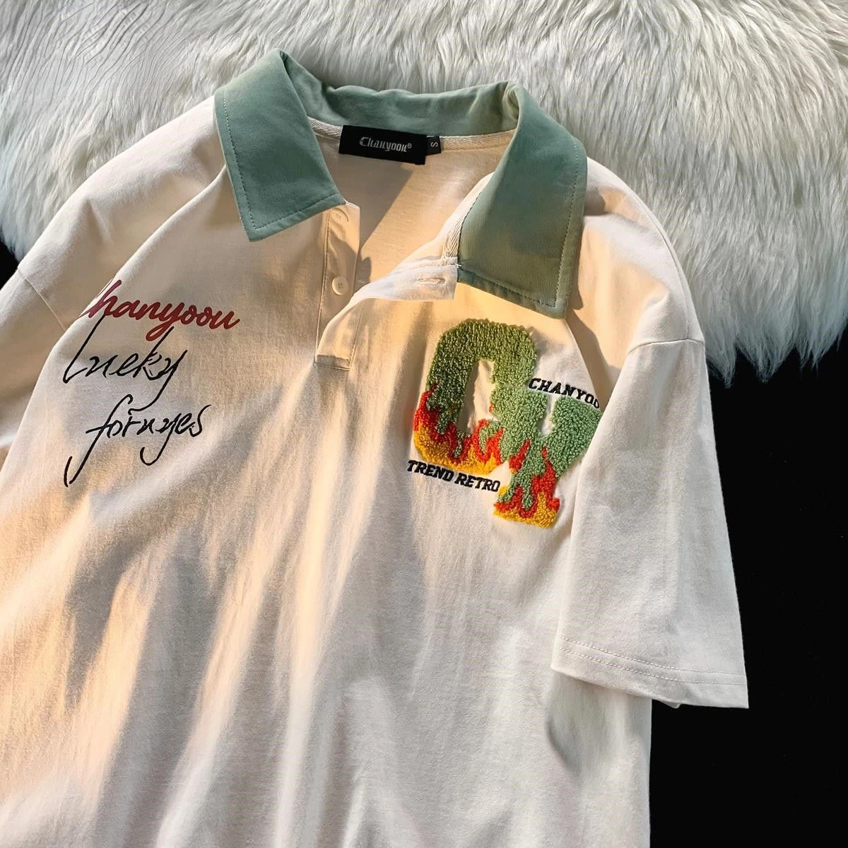 

New trend American retro alphabet print men and women short sleeved shirt T shirt couple casual loose lapel half sleeve summer