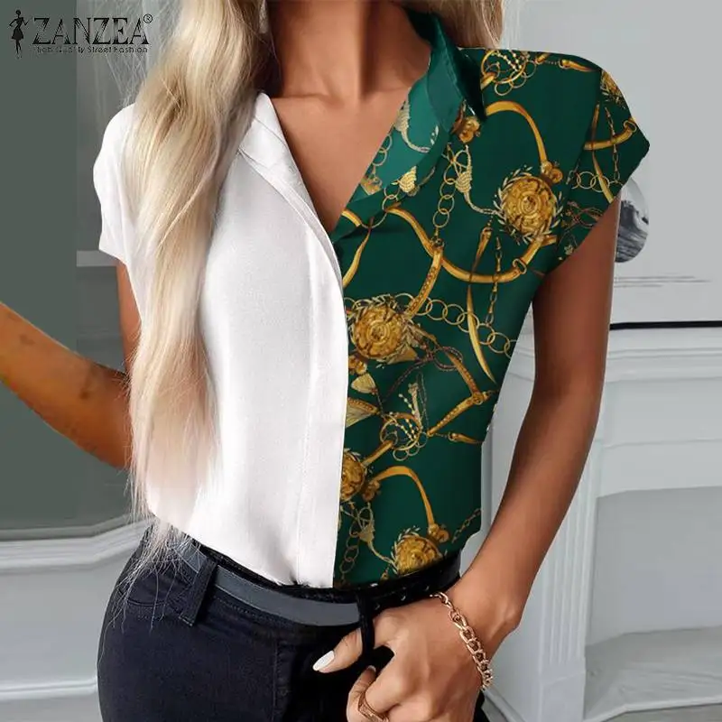 

ZANZEA Summer Blouse Elegant Women Floral Printed Shirt Bohemian Lapel Neck Short Sleeve OL Blusas Patchwork Buttons Down Tops