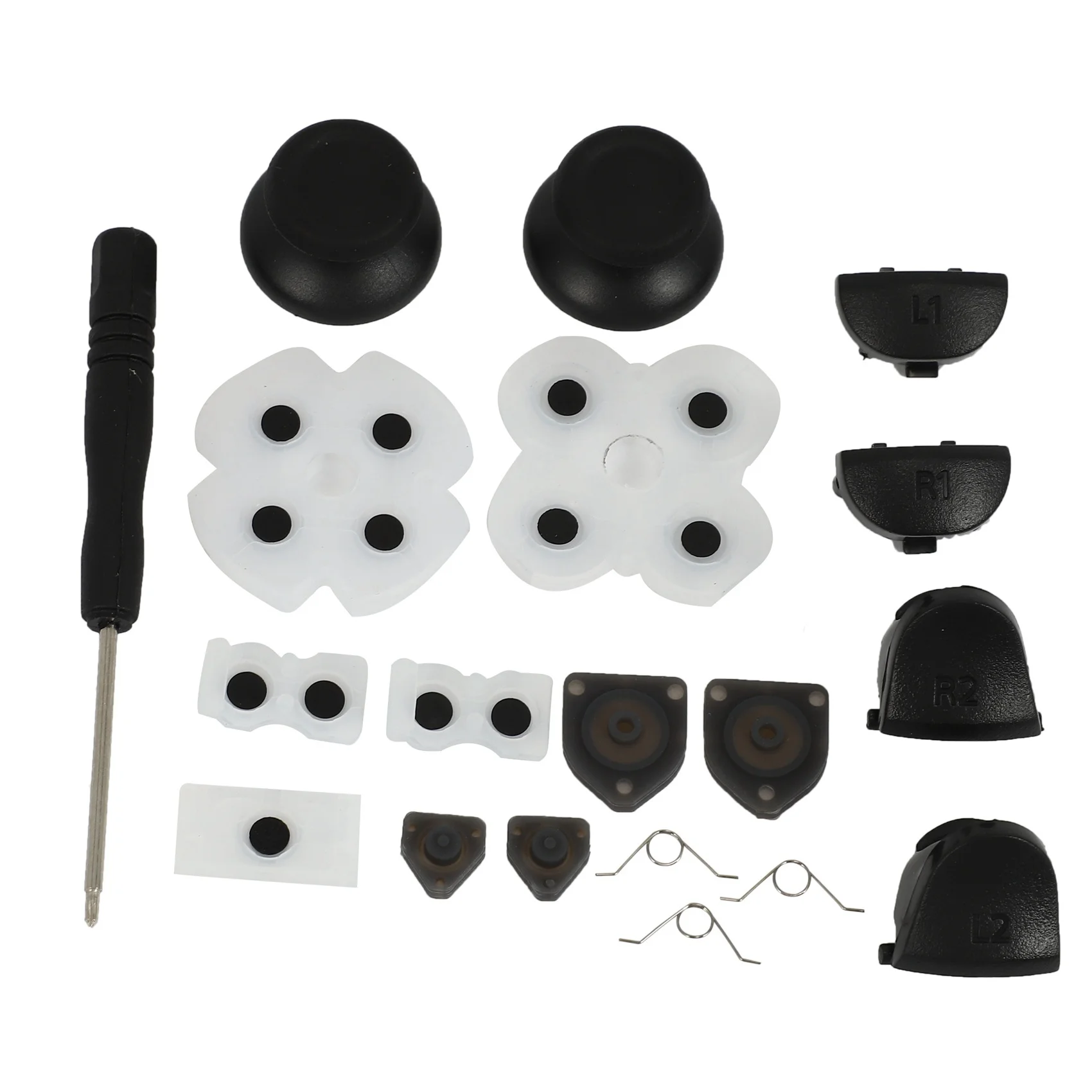 

L1 R1 L2 R2 Trigger Buttons + 2 Springs + 2 Joystick Thumb Sticks + 1 Set Conductive Rubber + Screwdriver for PS4 Controller