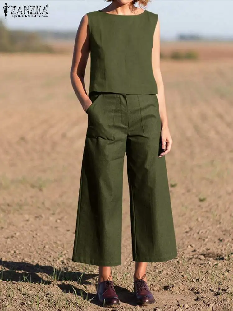 

ZANZEA Women OL Matching Sets Summer Woman Outfits Casual Sleeveless Blouse Solid Work Pants Suits Fashion Urban Tracksuit 2PCS