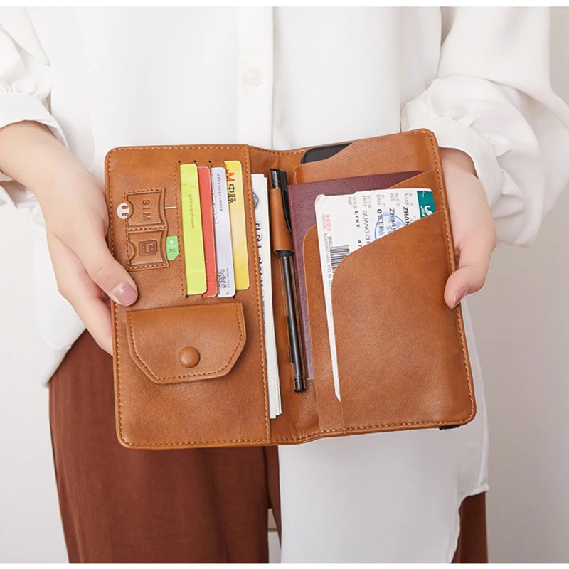 Long Passport Holder Cover Case for Women Men RFID Blocking Leather Family Travel Clutch Purse Phone Holder with Elastic Band