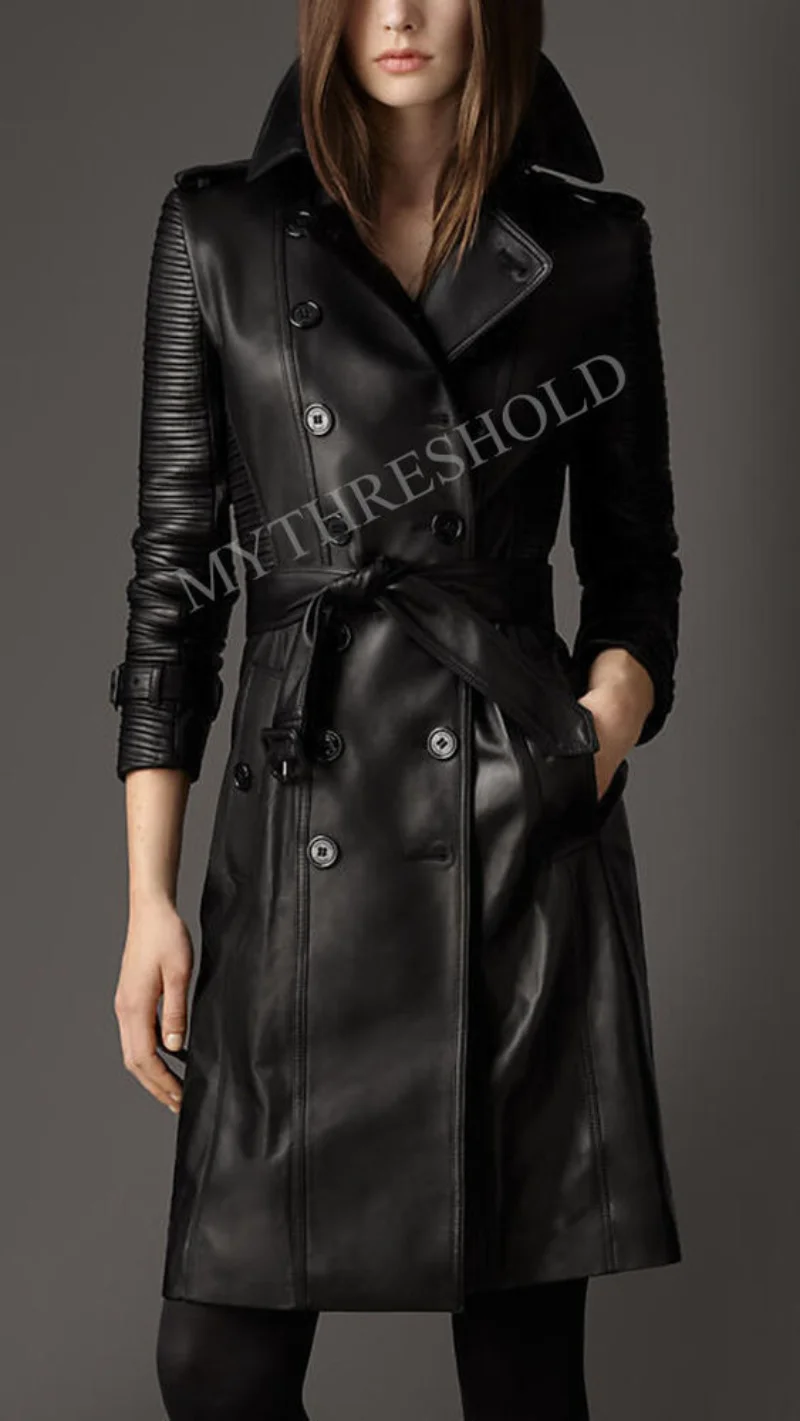 Women Length Trench Coat Black Genuine Leather Knee Leather Jacket