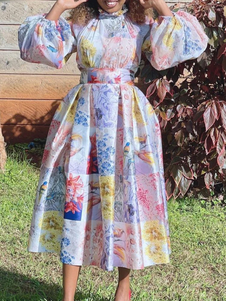 

Big Size Women Print Midi Dress 2022 New Style Puff Sleeves Robes Femmes African Printing Corset High Waist Pleated Ball Gowns