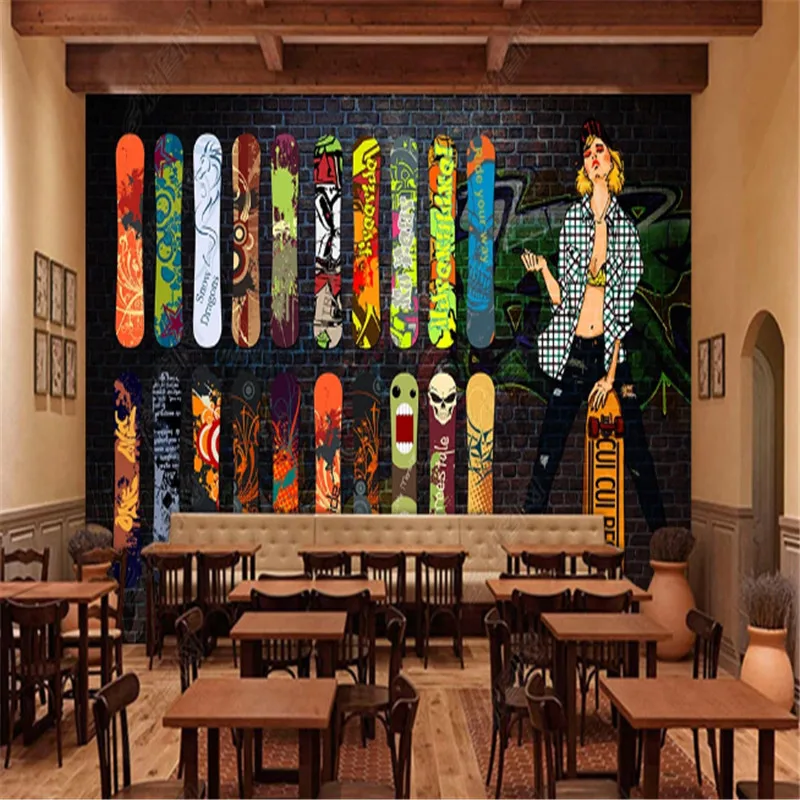 Пользовательская уличная спортивная скейтборд граффити обои промышленного декора ностальгической кирпичной стены фоновые бумаги фрески.