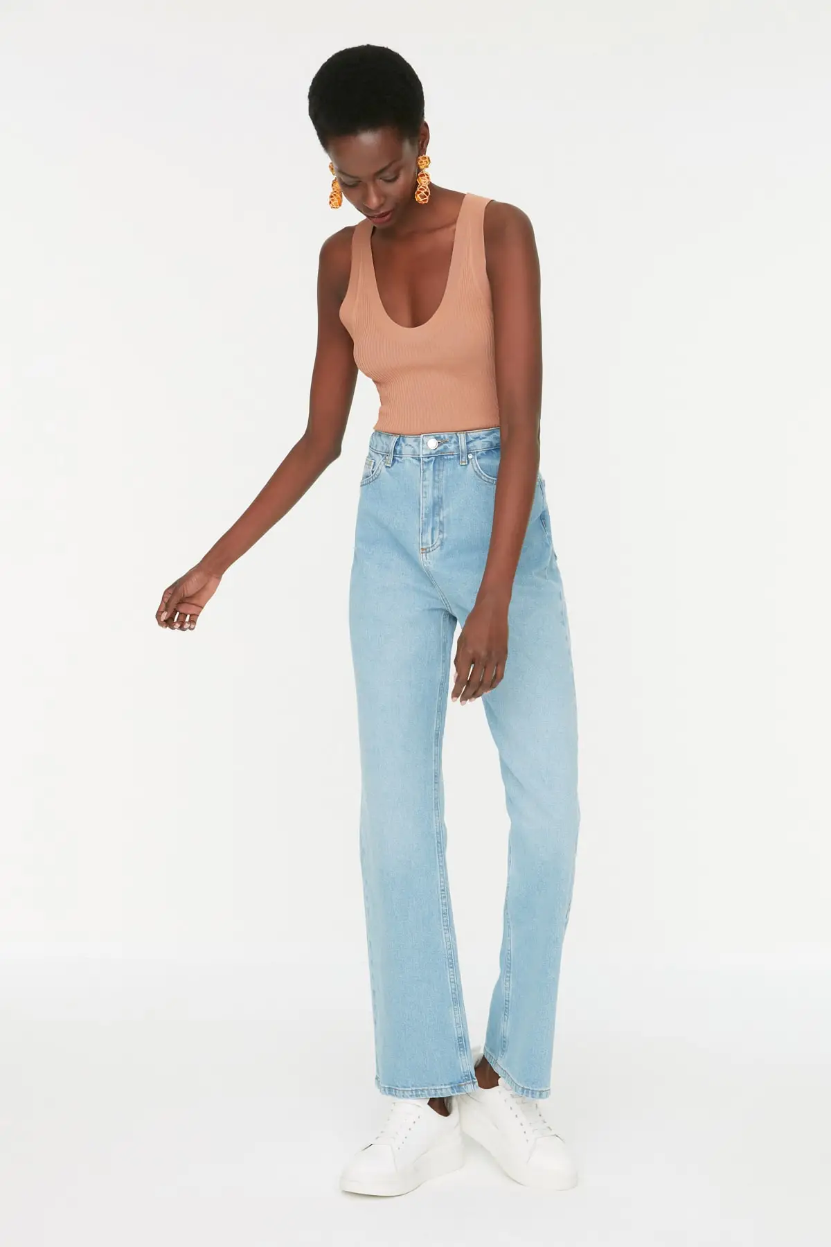 

Women's Jean Blue High Waist Long Straight Full Length Straight Pant Streetwear Female Buttons Zipper Ladies