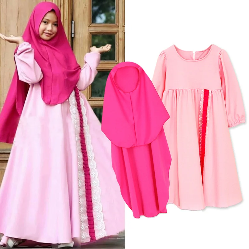 Мусульманские кружевные комплекты макси-платьев для детей, яркий шарф, длинные платья для девочек, кимоно, юид, Рамадан, Арабская Исламская ...