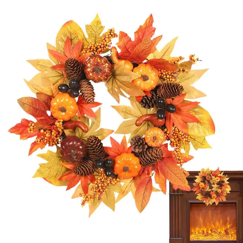 

Pumpkin Wreath Thanksgiving Wreath Decorations 15.75inch Hanger Decor With Maples Leaf And Pine Cones Rustic Seasonal Pumpkin