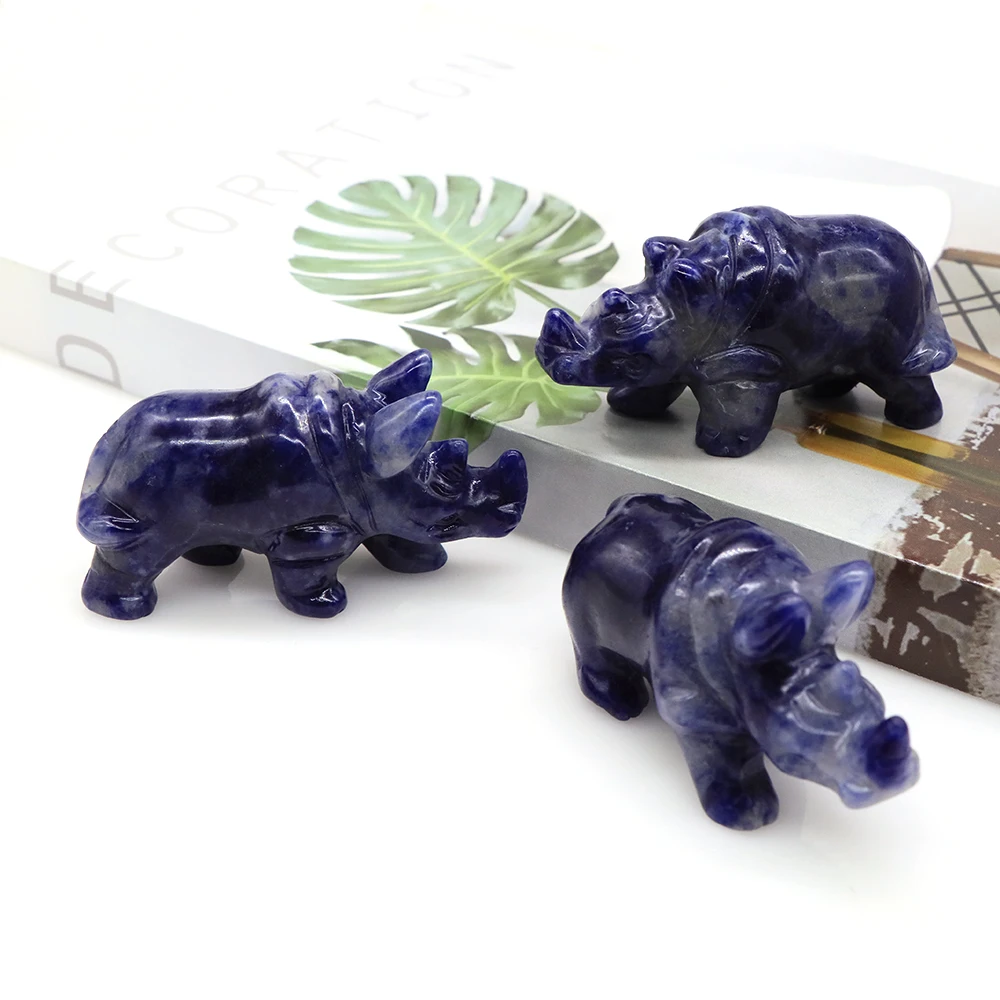 

3" Natural Stone Blue Sodalite Rhinoceros Figurine Healing Crystal Sculpture Fengshui Reiki Rhino Animal Statue Home Decor Gift