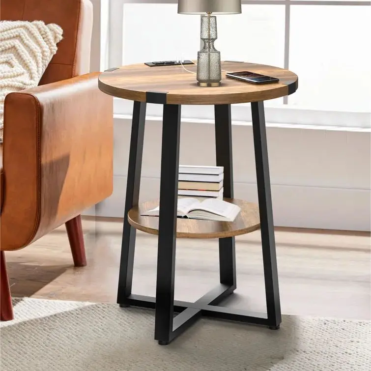 Приставной столик с деревянными полками 2-уровневый деревенский винтажный стол