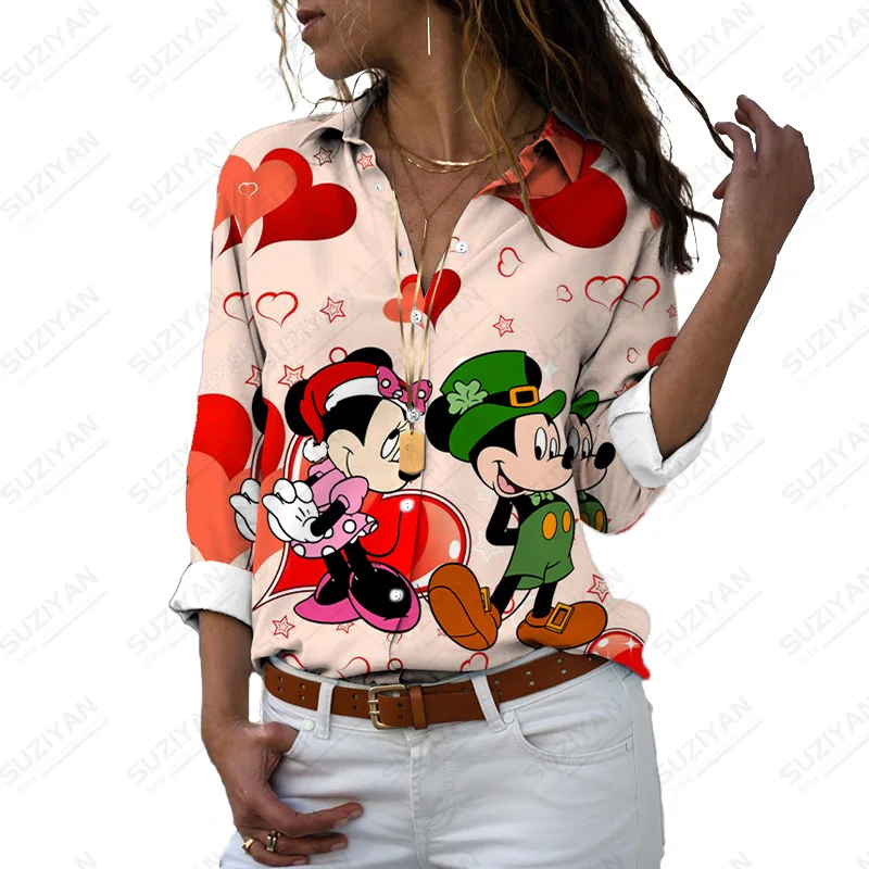 

Disney Mickey Minnie Top Casual Woman Shirt Button Printed Women's Shirt Long Sleeve Elegant Shirt Women Fashion Temperament tee