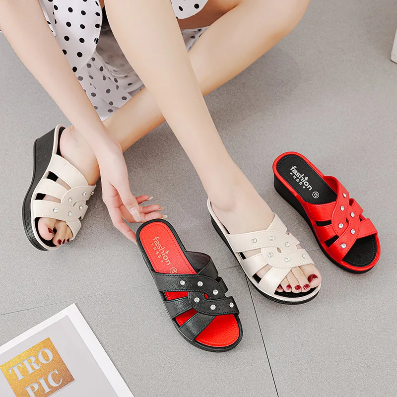 Women's Comfy High Heel Slippers Summer Thick Bottom Wedge Slides Muffin Bottom Fish Mouth Slipper Wear A Waterproof Table