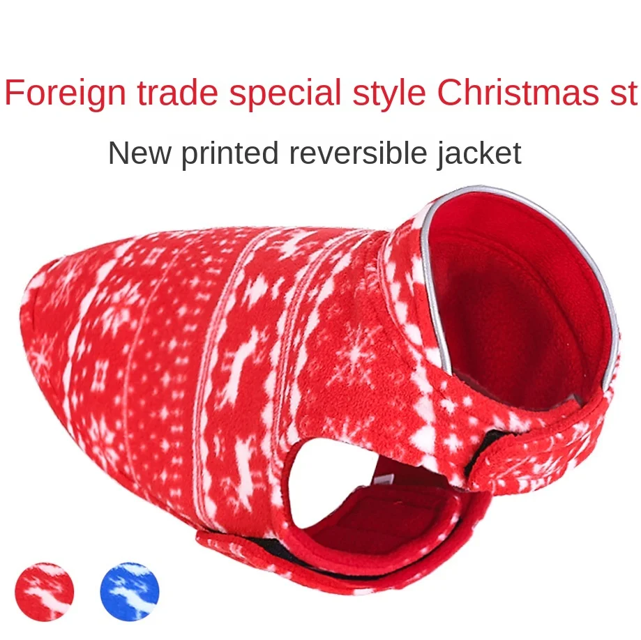 

Новинка 2021, аксессуары для домашних животных, одежда на осень и зиму, двусторонняя флисовая одежда с рождественским принтом в европейском и ...