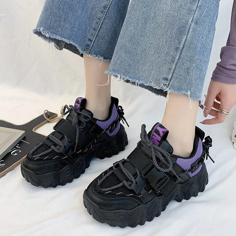 Fashion Buckle Chunky Sneakers Women 2022 Breathable Mesh Thick Sole Platform Sneakers Woman Lace Up Running Casual ShoesWomen's