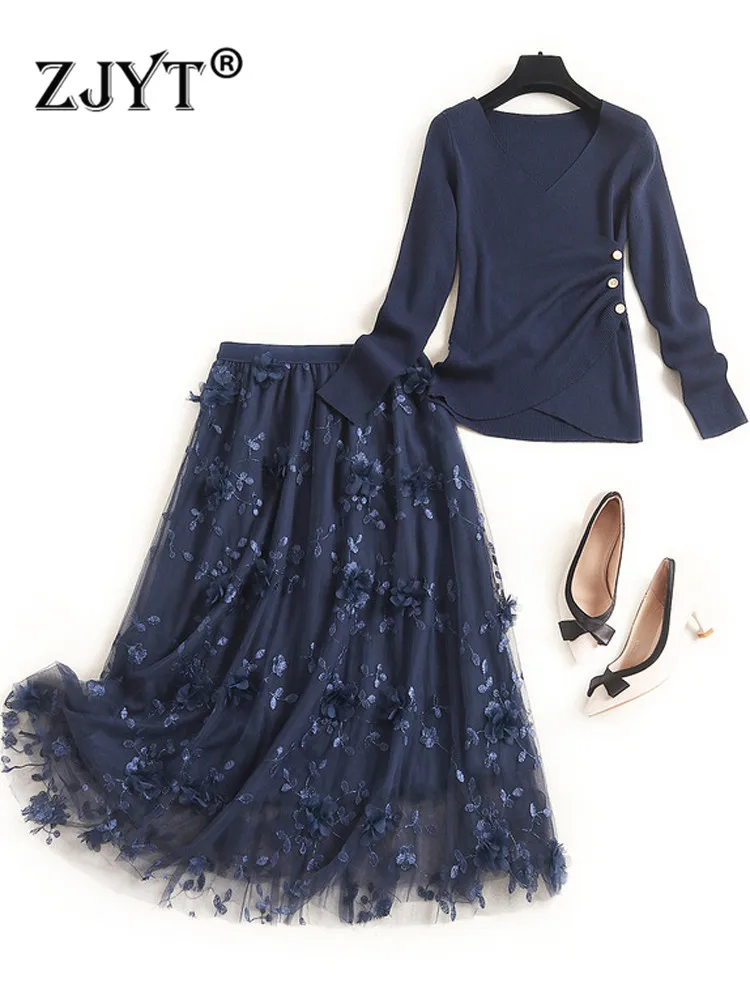 

ZJYT Spring Autumn Knitted Sweater Two Piece Dress Set Women Elegant Long Sleeve Pullover Top and Mesh Skirt Suit Blue Outfits
