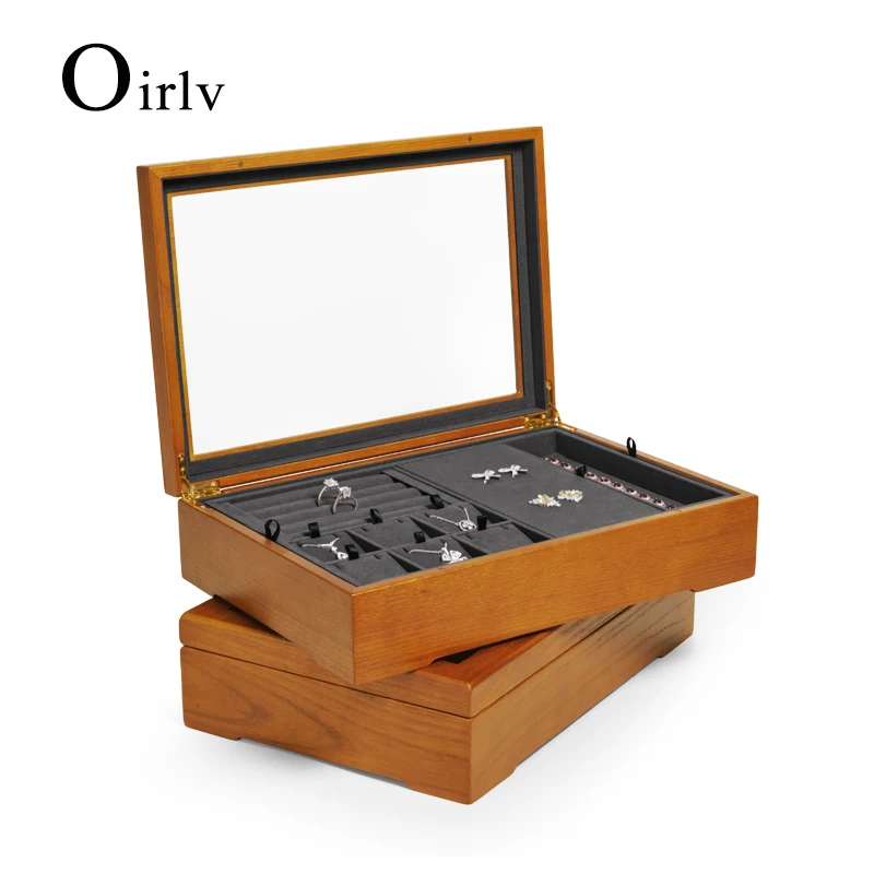 Oirlv Newly 2 Layers Multi-function Solid Wood Jewelry Organizer Box for Stud Earrings Necklace Bracelet Jewelri Display Case