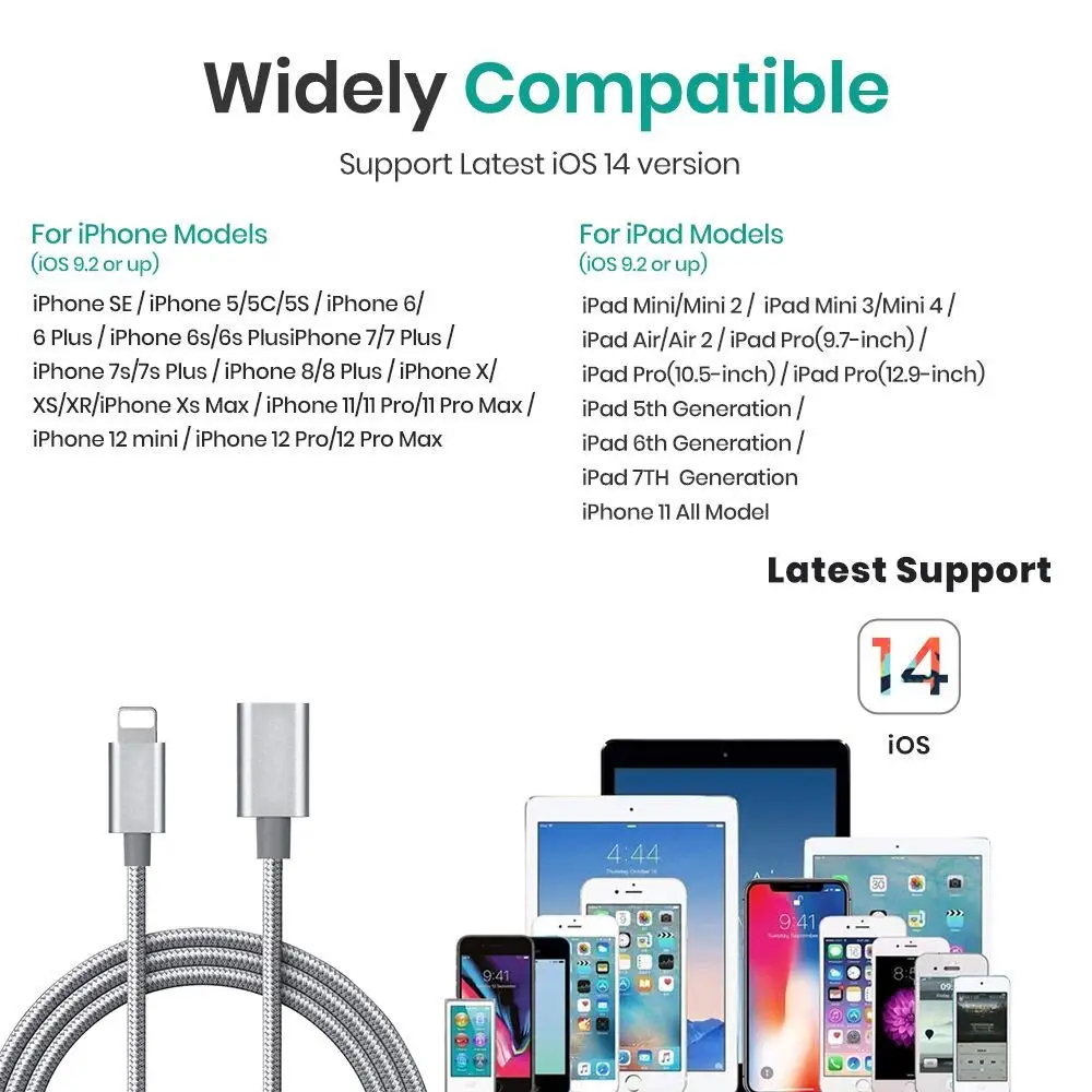 8Pin Lightning Extension Cable Male to Female Adapter 1m Extender for iPhone iPad iOS 9 to 15 Charging Passing Audio Video Data
