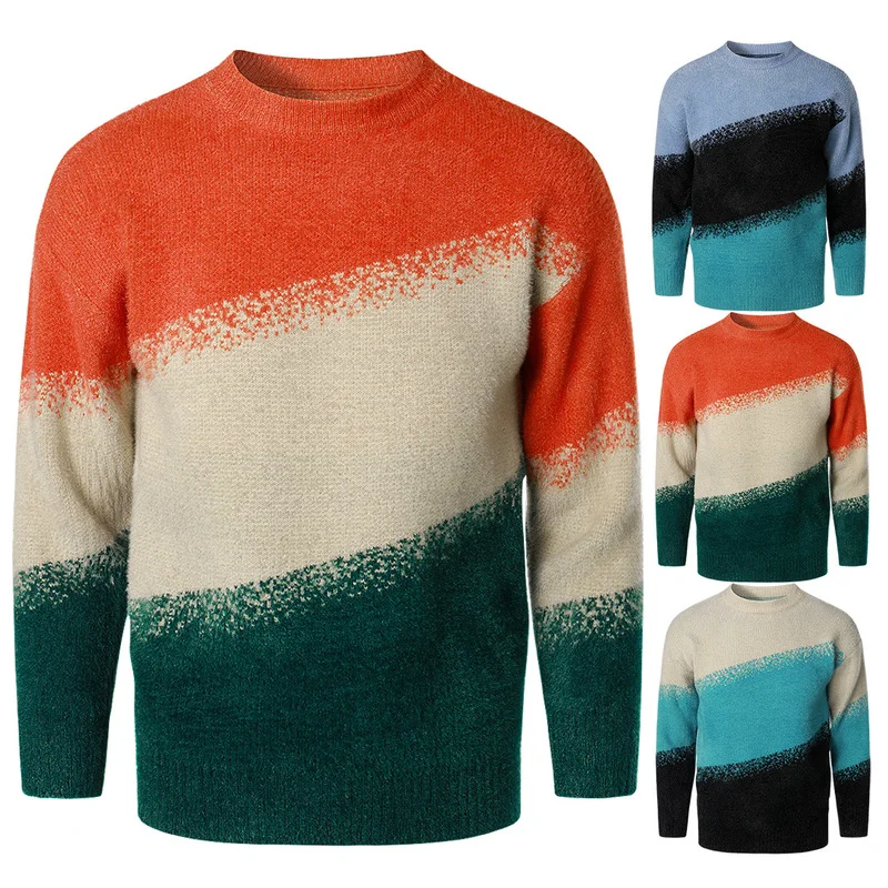 

Зимний мужской новый универсальный пуловер с круглым вырезом, вязаная рубашка с длинным рукавом, теплый Молодежный свитер контрастных цвет...