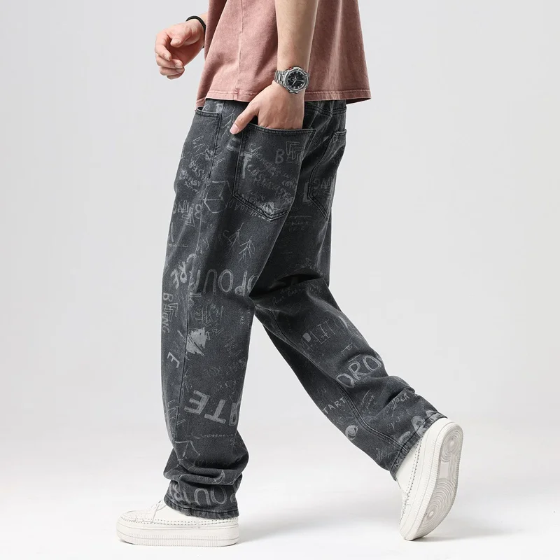 Men's Jeans Fashion Streetwear Letter Graffiti Denim Pant Male Skateboard Loose Trousers Plus Size Clothing Vintage |