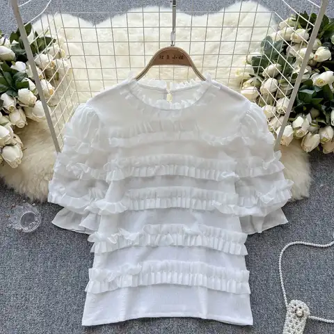 Korean Chic Fashion Vintage Ruffled O Neck Pullovers Puff Short Sleeve Shirts Casual Loose Elegant Chiffon Blouse Tops Mujer