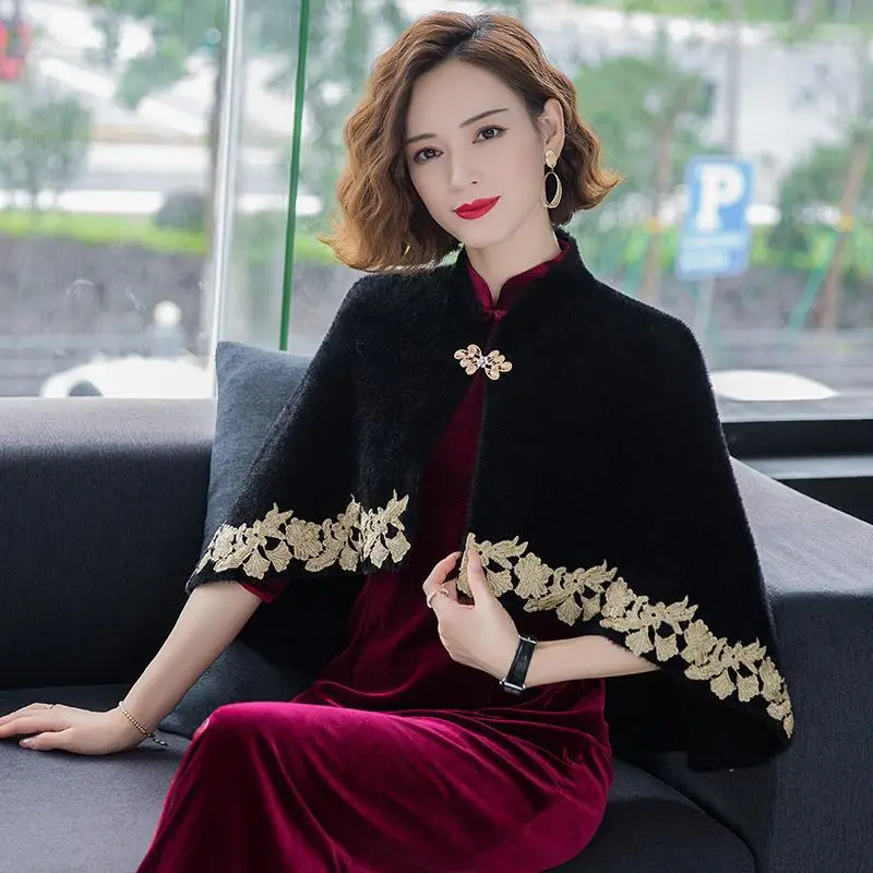 Женское вечернее платье-пончо с повседневной шалью осенне-зимнее пальто принтом