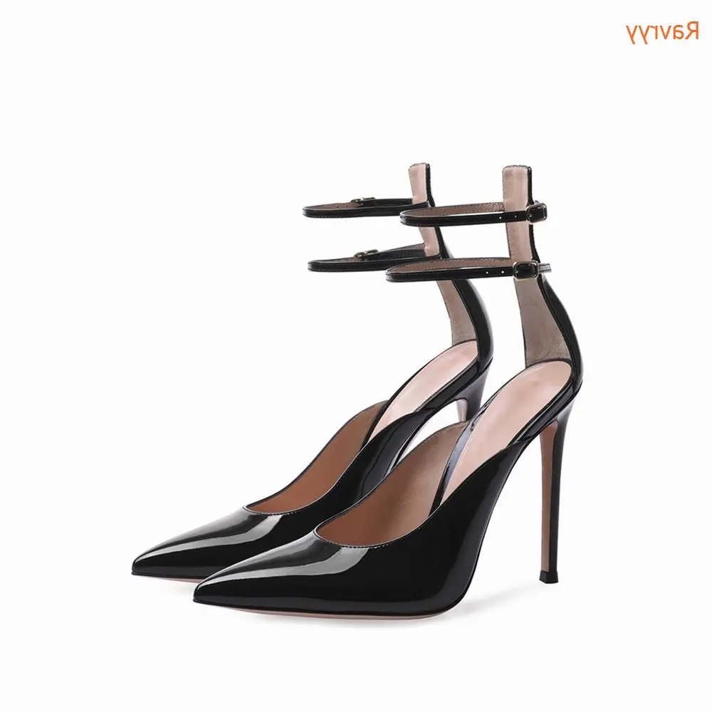 

Patent Leather Shallow Women Sandals Two Ankle Strap Black Sexy Thin High Heel New Arrivals Pointed Toe Fashion Cover Heels