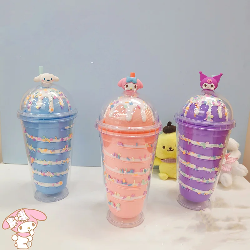 

Sanrio Straw Cup Hello Kittys Accessories Kawaii Cute Cartoon Anime Double-Layer Plastic Water Cups Sports Toys for Girls Gift