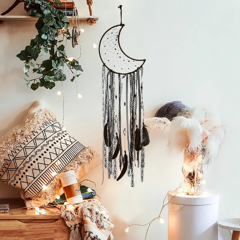

Moon Dream Catcher Handmade Black Dreamcatcher Wall Hanging For Kids Bedroom Dorm Room Home Decoration Bohemian Ornament