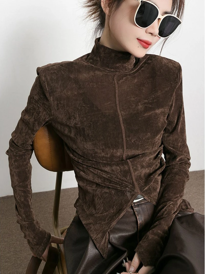 Женская флисовая футболка в ретро-стиле однотонная Приталенная с длинным