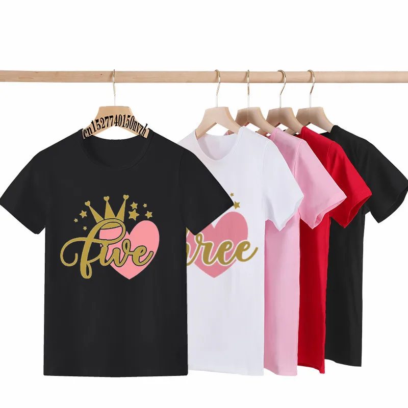 

Girl Pink Heart Birthday Number 1-10th Black White T-shirt Kid Party Gift Present Clothes Children Baby Family Group Tops Tee