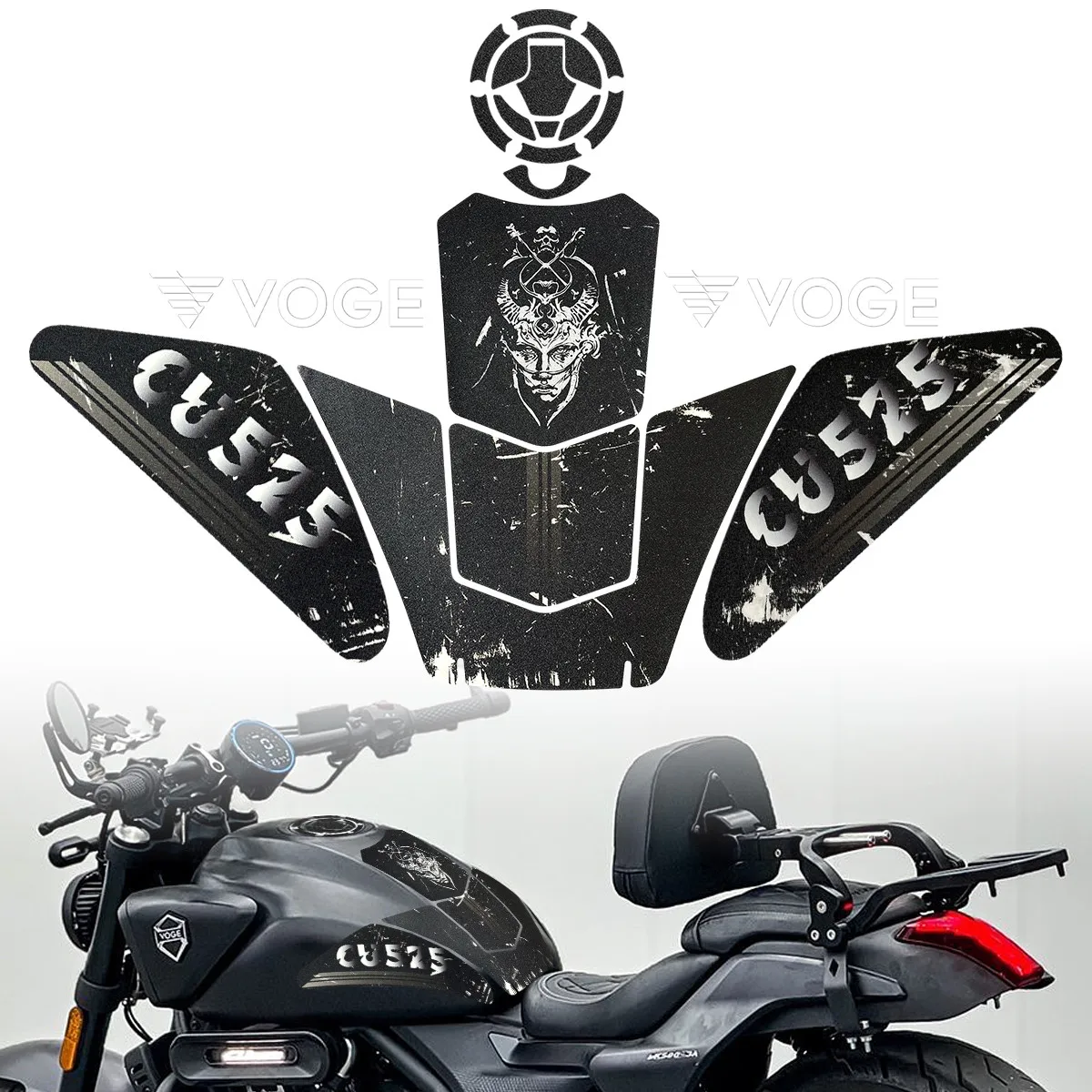 

Используется для VOGE CU525, наклейки на топливный бак, матовая противоскользящая накладка на колено, боковая наклейка, защитные накладки для Loncin Voge CU525 2023-2025