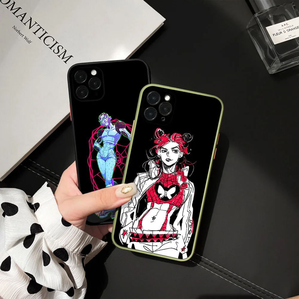 For iphone 16 15 Pro 14 13 12 11 7 8 Plus XSMax XR Jolyne Cujoh JoJo's Bizarre Adventure Frosted Translucent Black Phone Case
