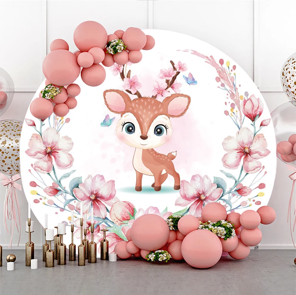 

Laeacco Cute Sika Deer Circle Birthday Backdrop Pink Watercolor Flowers Baby Shower Portrait Customized Photography Background