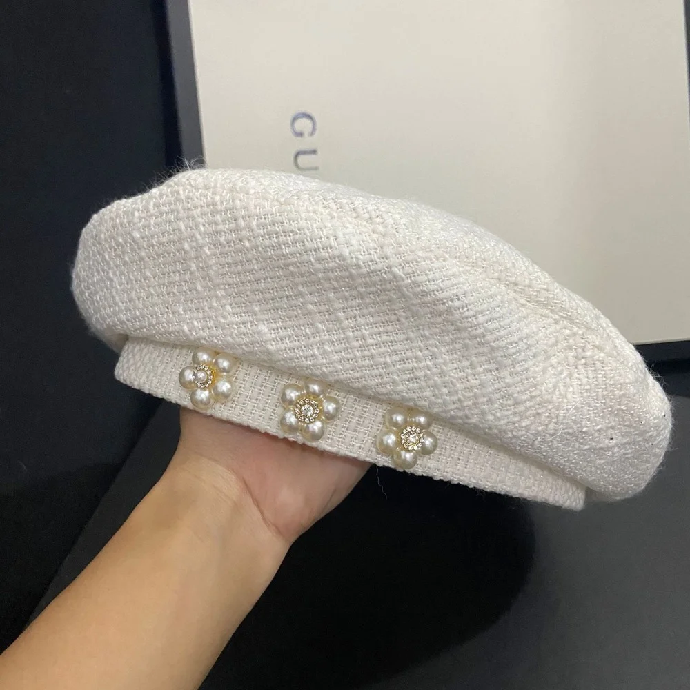 

Берет художник Французский женский, однотонный берет с жемчужинами в британском стиле, роскошная Модная ретро-шляпа с цветами