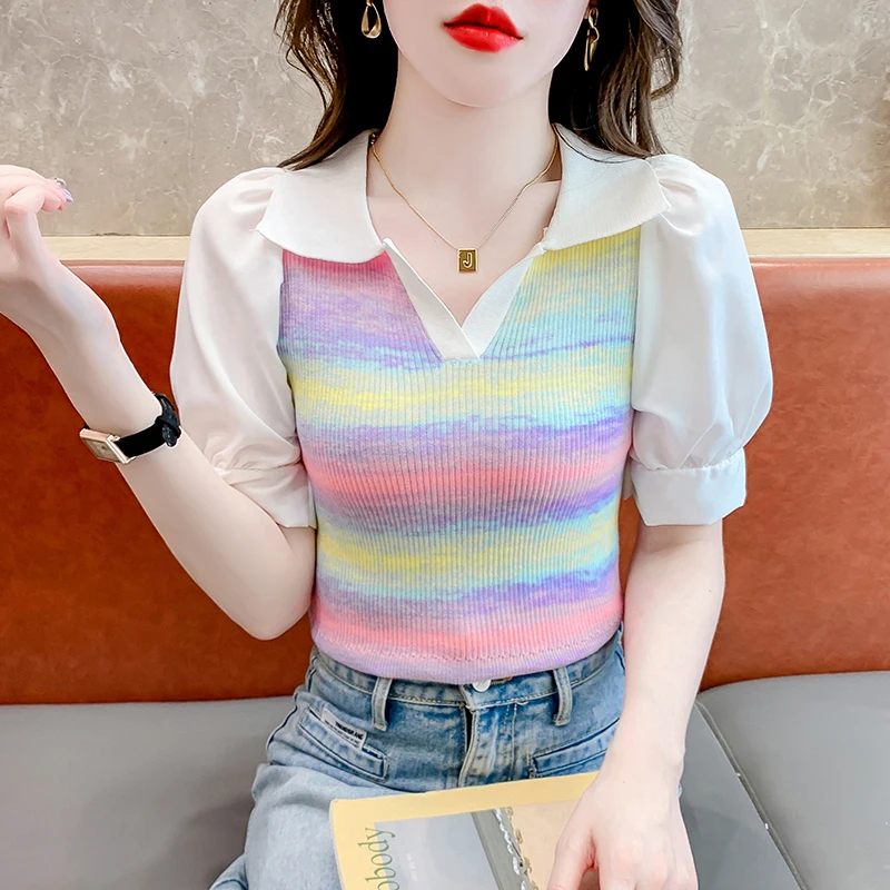 

Женский трикотажный пуловер в радужную полоску, с рукавами-фонариками