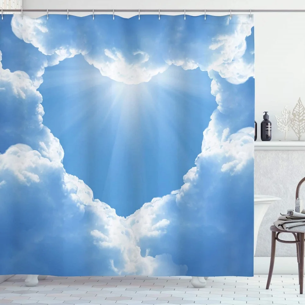 

White Clouds Blue Sky Heart Shower Curtain Fluffy Cloud and Romantic Scenery Bathroom Waterproof with Hooks Fabric Bath Curtains