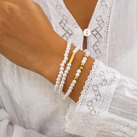 3pcsset elegant white pearl bracelets bangles for women girl pearl chain bracelets set boho gold charm jewelry accessory