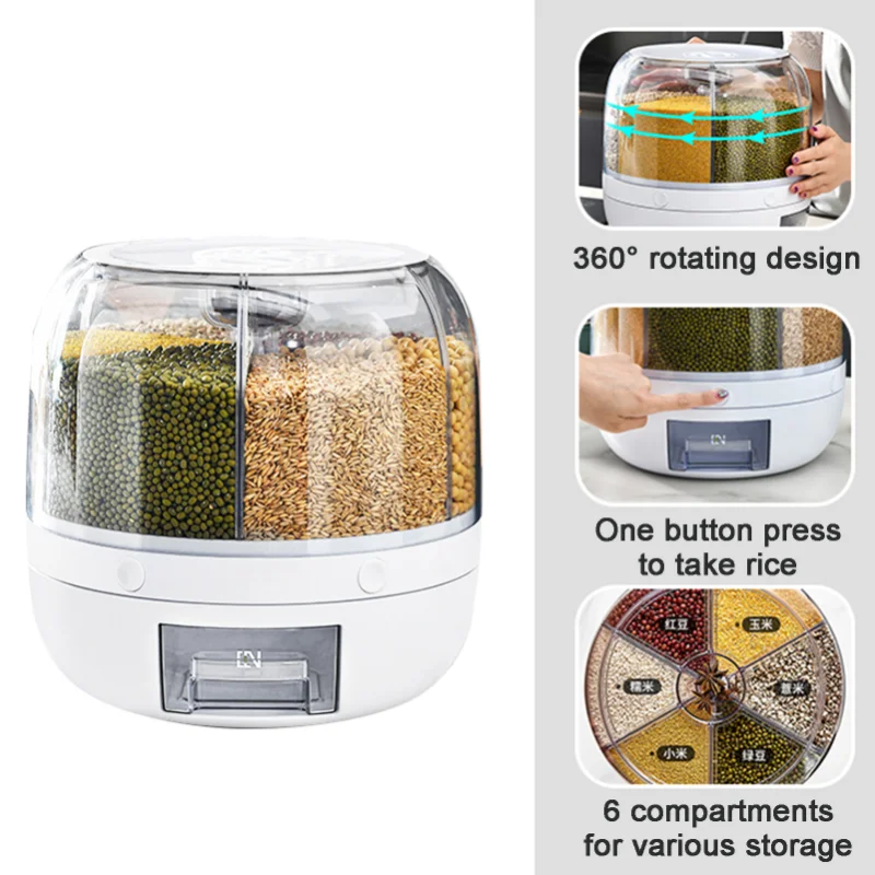 

Dry Storage Bucket Food Grain Rice Rotating Dispenser Dispenser Box Cereal Sealed Kitchen Container Moisture-proof 360 Degree