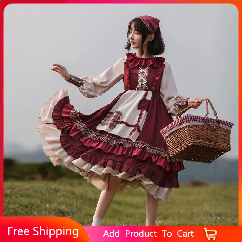 

Autumn Girls Tea party Red Lattice Splicing Cloak+dress+headband Set Lolita Sweet Woman Ruffle Puff Sleeve Cosplay Lolita Op