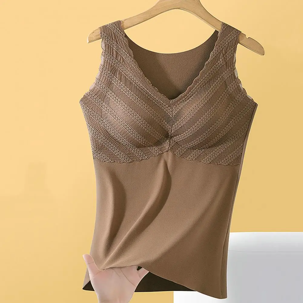 

Elastic Women Vest Cozy Lace Stitched V-neck Thermal Vest with Velvet Lining Women's Autumn Winter Seamless Padded Warm