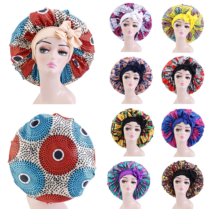 

Adjustable Printed Satin Hat Night Hat Ribbon Round Hat Elastic Beauty Salon Hat Baotou Cap Round Cap Western Style Wide-brimmed
