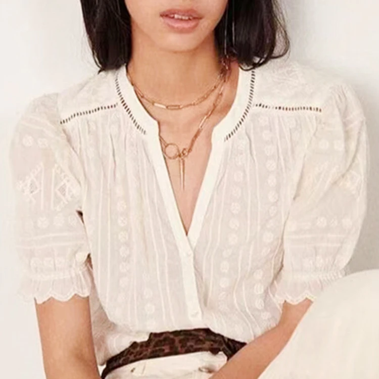 

Women Embroidery Sweet Cotton Shirt V-neck Hollow out Ruffles Chemise Short Puff Sleeve Ladies Blouse 2022 Summer new