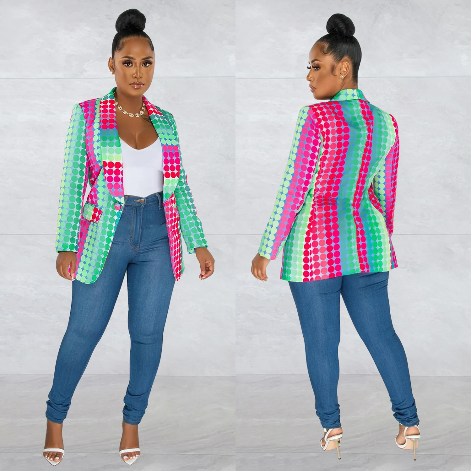 Womens Turn-Down Collar Long Sleeve Print Blazer Autumn Single Button Temperament Elegant Style Commuter jacket coats