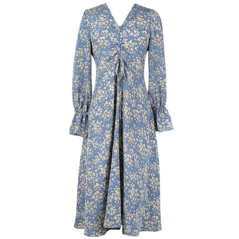 Женское элегантное длинное шифоновое платье с кулиской и V-образным вырезом