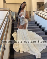 sexy white beaded tassel mermaid prom dresses 2022 african black girls lllusion graduation party gowns robes de soir%c3%a9e